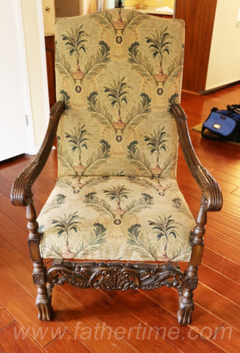 Father Time Auctions, Jacobean style Arm Chair from the 19th century design with tropical inspired brocade fabric upholstery, antique auctions, St. louis auctions, MO auctions