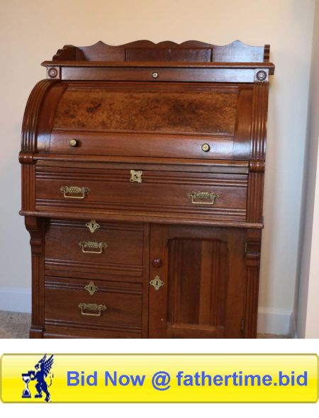 Victorian cylinder roll top desk with gallery, walnut and poplar wood case with burled wood inlay, father time auctions st. louis MO, IL online auctions, st. louis online auctions, st. louis auction