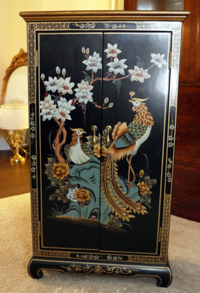 Asian styled lacquered cabinet, Birds and floral designs painted on a black background with a gold border surround, father time auctions st. louis MO, father time auctions IL