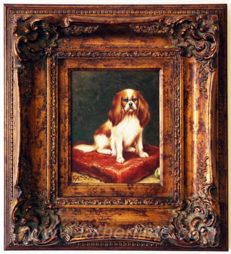 Gilt framed painting of a dog, King Charles Spaniel dog on a pillow by Catsot, father time online auctions st. louis MO, online auctions IL