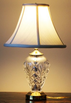 Waterford crystal lamp with white flared silk shade, brass collar and base, st. louis auctions, st. louis online auctions, father time auctions st. louis MO, IL auctions